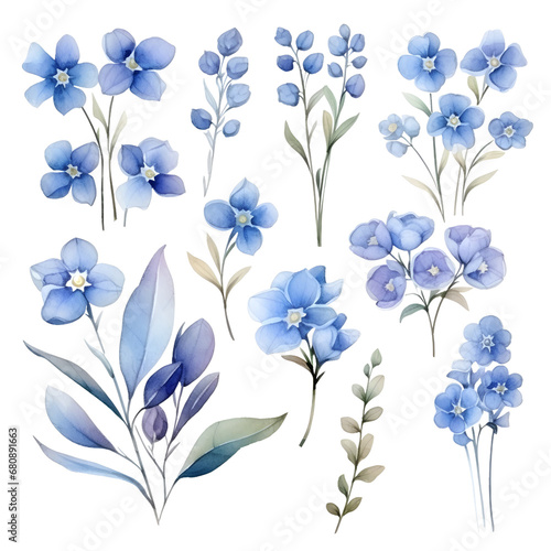 The set of watercolor blue flowers and leaves elements, illustrations, ai generatives