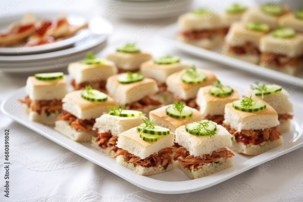 teeny bbq sandwiches for a party, white plates teeny bbq sandwiches for a party, white plates
