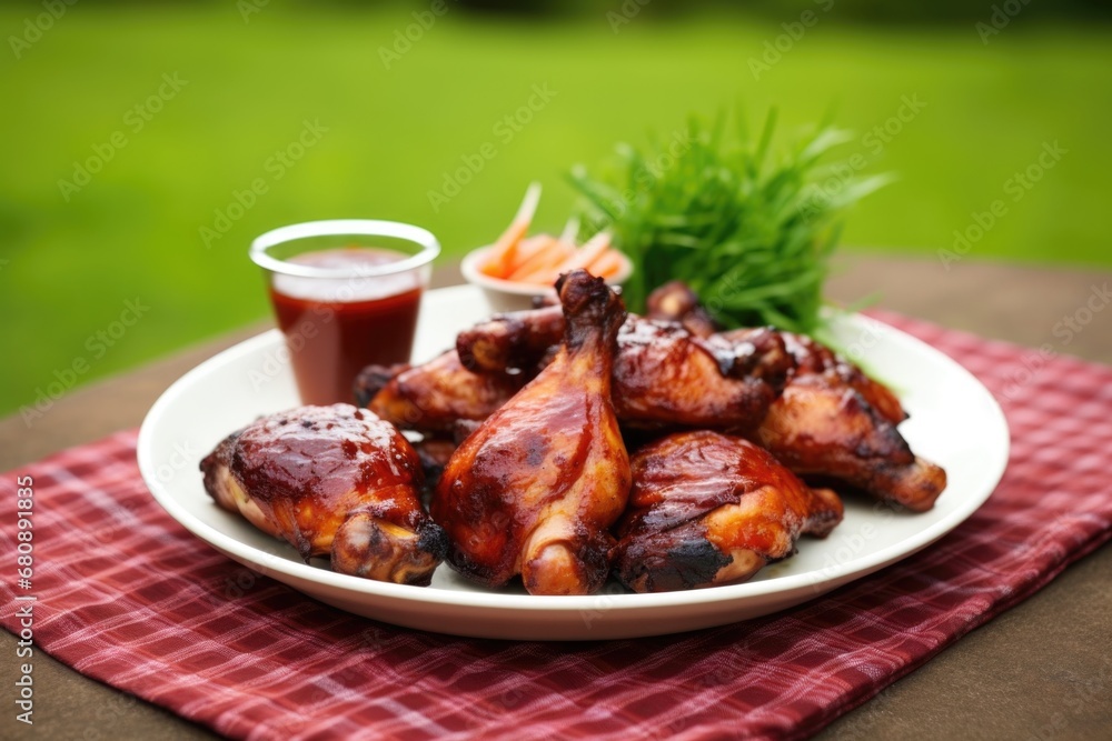 barbecue chicken with tangy sauce on a grass background