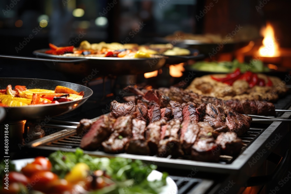 Catering Buffet With Grilled Meat In Indoor Restaurant
