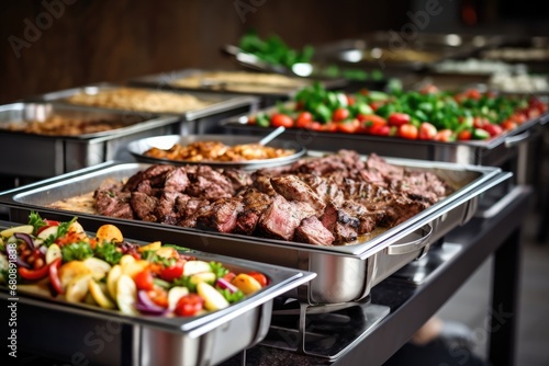 Catering Buffet With Grilled Meat In Indoor Restaurant photo