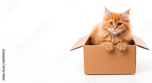 red cat in a box, white background. Generated AI.