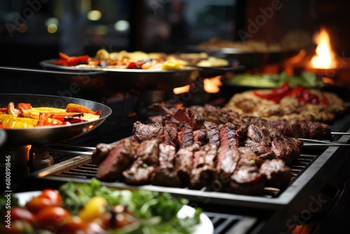 Catering Buffet With Grilled Meat In Indoor Restaurant