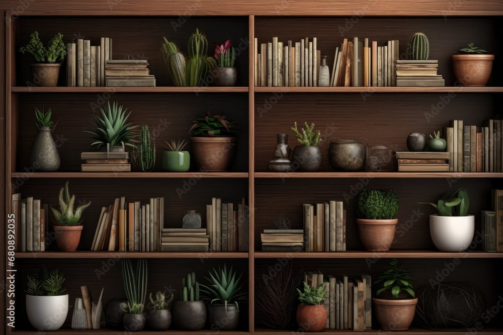 Contemporary Bookshelf Adorned With Plants, Perfect For Virtual Or Printed Backgrounds