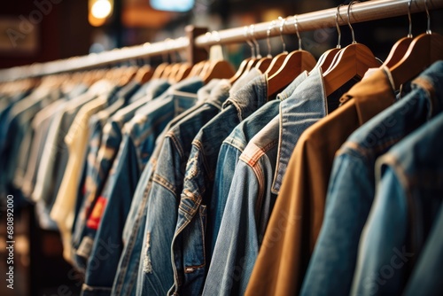 Closeup Of Vintage Denim Jackets On Store Rack. Сoncept Vintage Denim Fashion, Retail Display, Retro Style, Clothing Rack, Closeup Photography