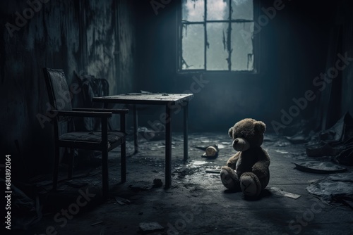 Dark, Abandoned Room With Lonely Child And Teddy Bear