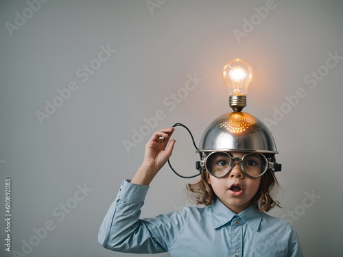 a child with a surprised expression wearing a colander on their head with a lit light bulb photo