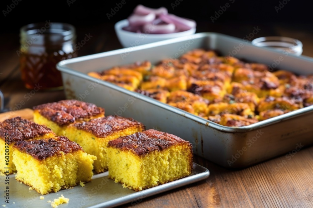 bbq cornbread on a tray served with bbq ribs at the side