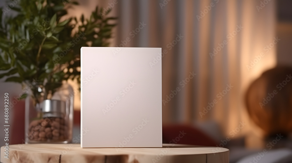 Box concept mockup on wooden table with blurred background, soft color and modern look Box concept mockup on wooden table with blurred background, soft color and modern look