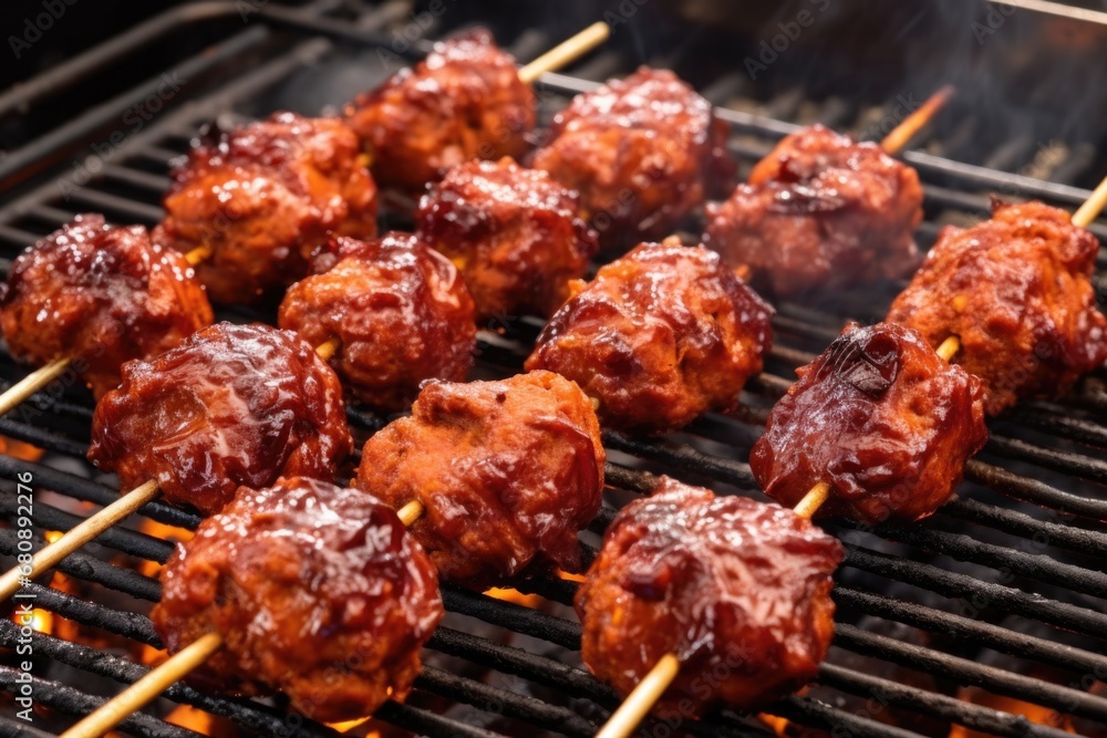 smoky bbq meatball skewers on a grill top view