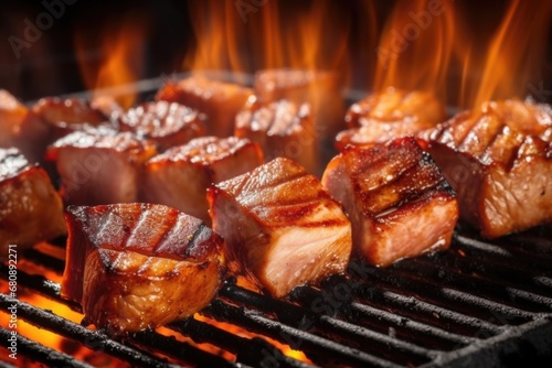 bbq pork belly slices sizzling on a hot grill photo