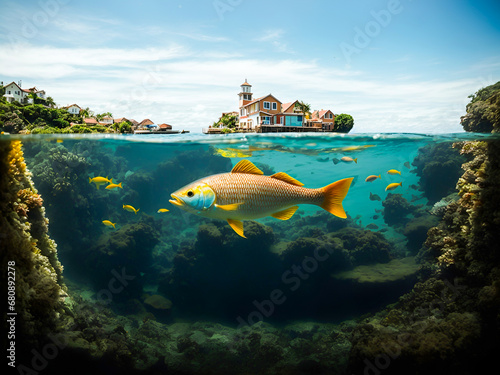 a large fish swimming in water with a picturesque island and houses on the sur