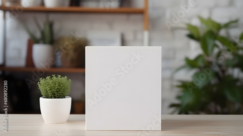 Box concept mockup on wooden table with blurred background, soft color and modern look