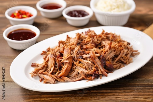 pulled pork on a white dish with bbq sauce on the side