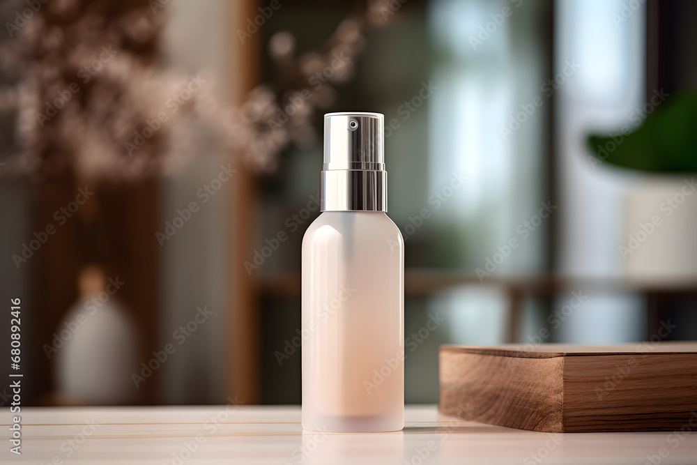 Mockup concept of cosmetic container on wooden table with blurred background, soft color and modern look Mockup concept of cosmetic container on wooden table with blurred background, soft color and modern look