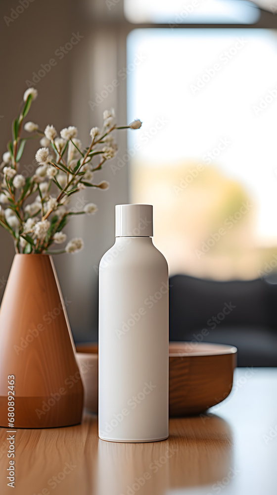 Mockup concept of cosmetic container on wooden table with blurred background, soft color and modern look