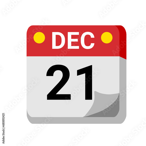 21 december calendar isolated on white transparent background for event, birthday, date, month, day, appointment, agenda, business and deadline