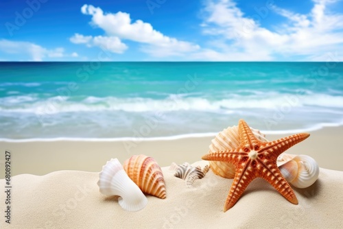 starfish and seashells on pristine sandy beach