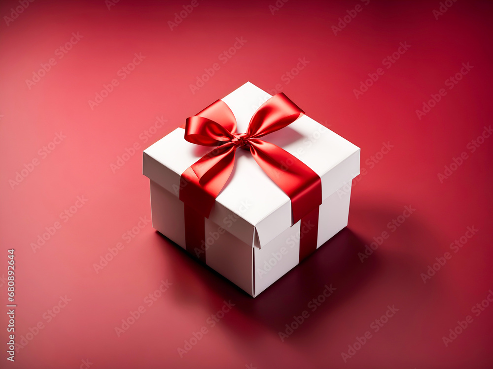 white present box tied with red ribbon bow isolated on dark red background white present box tied with red ribbon bow isolated on dark red background