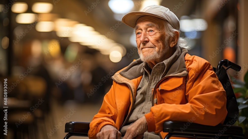 Thoughtful senior in wheelchair amidst city lights Thoughtful senior in wheelchair amidst city lights