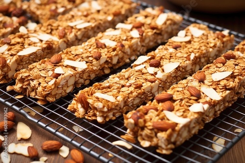 unpackaged organic granola bars on a cooling rack photo