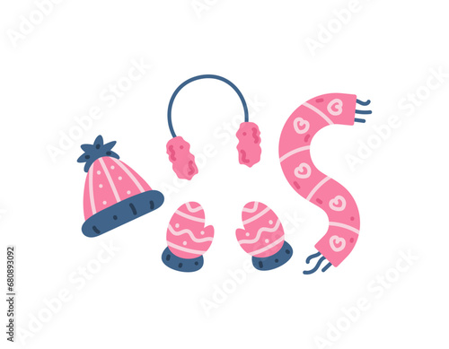 beanie hat, gloves, scarf and winter earmuffs. clothes, outfits, accessories. collection or set of winter or Christmas elements. cartoon and flat illustration design. Vector