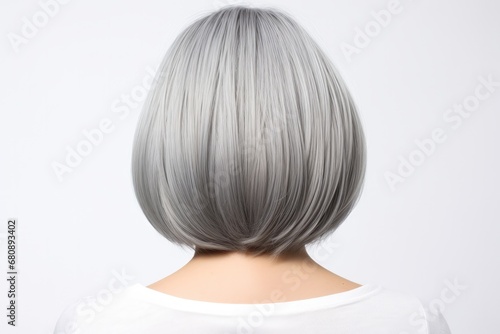 Short Gray Straight Hair Rear View On White Background. Сoncept Short Gray Hairstyles, Straight Hair Ideas, Rear View Hairstyles, White Background Portraits