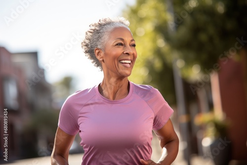 Smiling Yearold African Woman Running Outside On Sunny Day photo