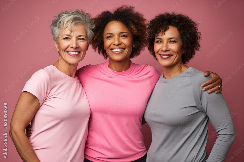three diverse 50 plus year old women in sports clothes hands in pockets on a pink background, studio portrait, candid three diverse 50 plus year old women in sports clothes hands in pockets on a pink background, studio portrait, candid