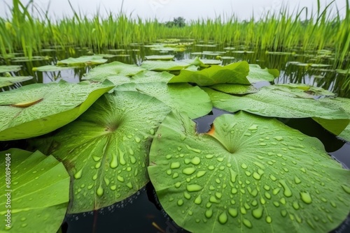 water droplets on wide lotus leaves in a wetland photo