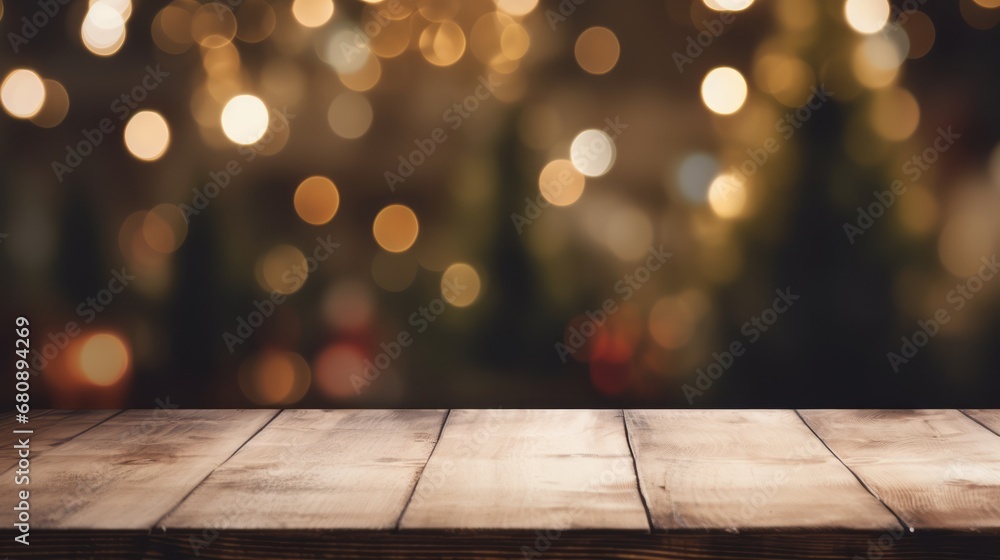 Empty wooden table with Christmas tree with light in cozy home background, Festive, Happy New Year, Christmas background Empty wooden table with Christmas tree with light in cozy home background, Festive, Happy New Year, Christmas background