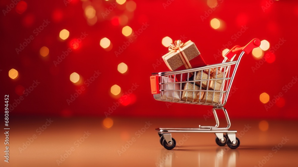 Christmas gifts in the shopping cart on red background, Christmas festival Christmas gifts in the shopping cart on red background, Christmas festival