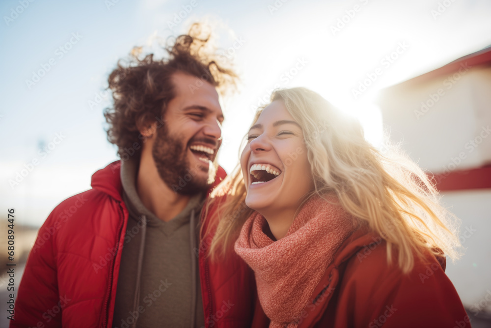 Joyful couple sharing a laugh together. The concept is about shared happiness in relationships. Joyful couple sharing a laugh together. The concept is about shared happiness in relationships.