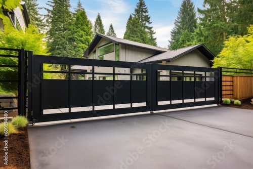 rolling gate of a contemporary metal a-frame house
