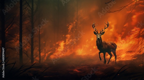 Deer against a flaming woodland background In the midst of fire and smoke  a wild animal.