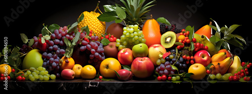 a collection of exotic fruits, beautifully arranged and vividly colored, highlighting freshness