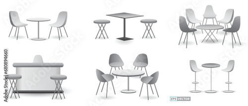 set of realistic trade exhibition chair and table or white blank exhibition kiosk or stand booth corporate commercial. 3D Render