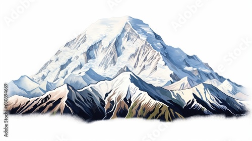 Denali Mountain (Mount McKinley) isolated on a white background It is North America's tallest mountain peak. 