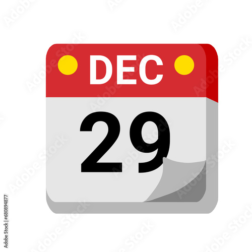 29 december calendar isolated on white transparent background for event, birthday, date, month, day, appointment, agenda, business and deadline photo