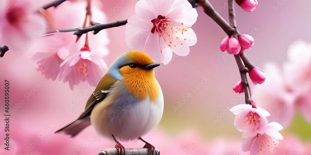 Beautiful spring bright natural background with soft pink sakura flowers and a bird. Beautiful spring bright natural background with soft pink sakura flowers and a bird.