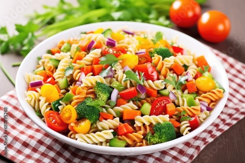 pasta salad with colorful vegetables in a white bowl