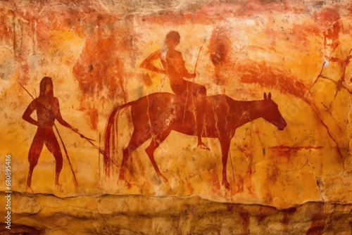 a cave painting depicting hunting scene in red ochre