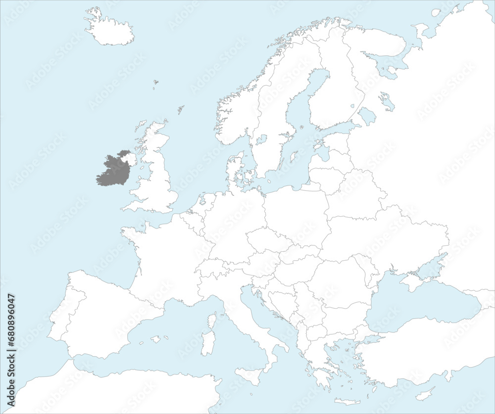 Gray CMYK national map of IRELAND inside detailed white blank political map of European continent on blue background using Mollweide projection