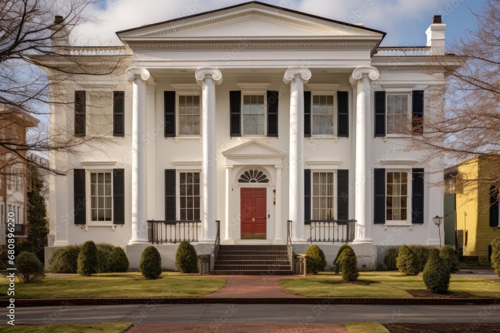 greek revival building facade with rounded symmetrical archways