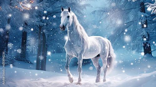 Standing white horse in winter forest landscape. Postproducted generative AI illustration.