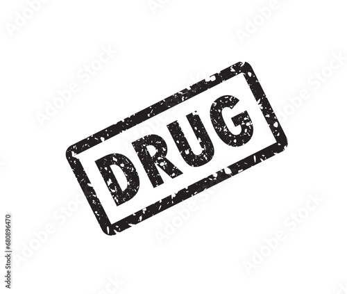 DRUGS stamp seal print with distress style. Seal shape is a rounded rectangle with frame. Blue vector rubber print of DRUGS tag with dust style.