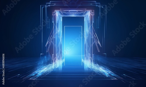 Open door at digital path, futuristic science fiction concept of doorway. Technology portal in a polygonal wireframe glowing style. illustration on a blue, Generative AI