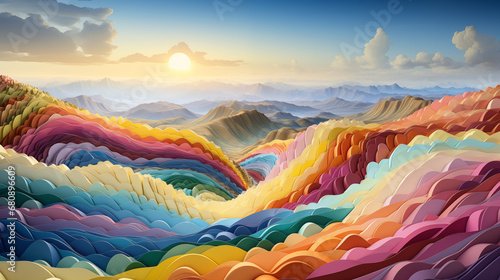 Vibrant sunrise over layered, multi-colored hills creating a surreal landscape. Generative AI #680896609