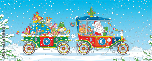 Christmas and New Year card with Santa Claus driving his colorful small retro car and a trailer full of holiday gifts, toys and sweets for little kids, vector cartoon illustration