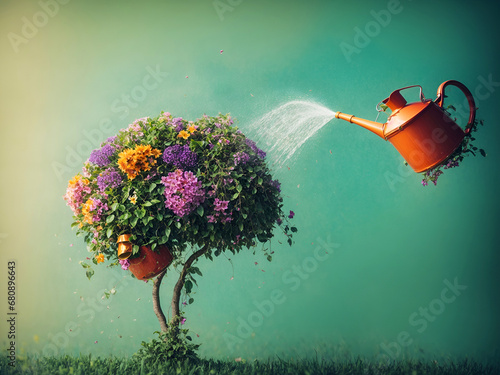 a brain-shaped tree composed of vibrant flowers being watered by a floating watering can, symbolizing growth and nurturing of the mind. photo